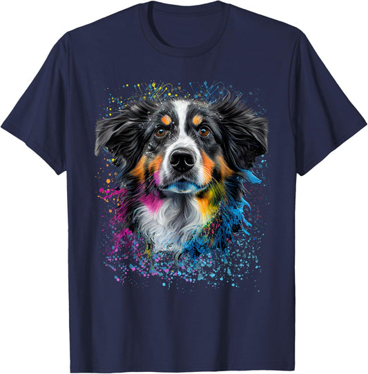 Colorful Splash Art Australian Shepherd Portrait Puppy T-Shirt - T-Shirt | Navy