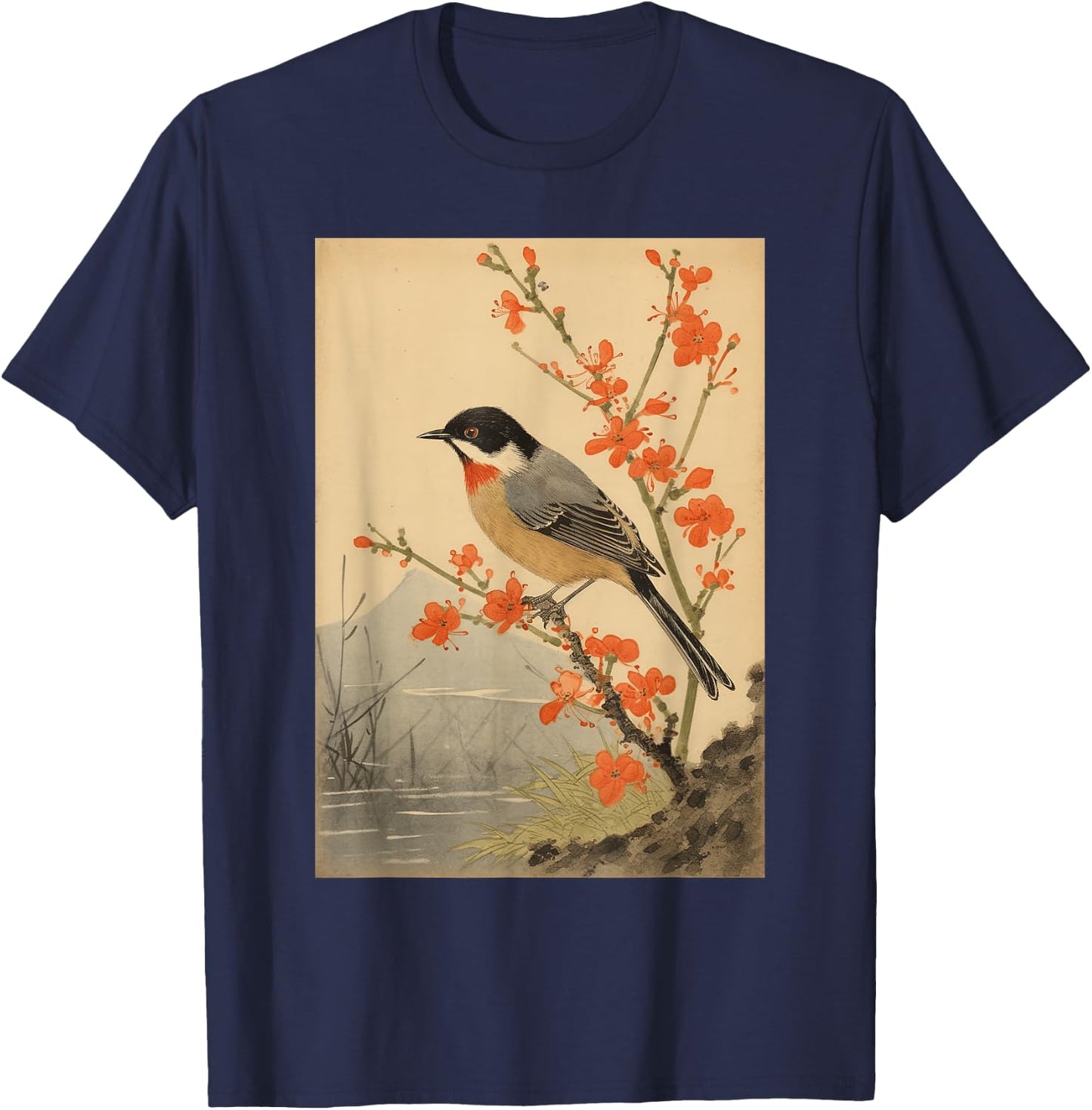 Japanese Woodblock Art - Vintage Songbird Beauty T-Shirt - T-Shirt | Navy