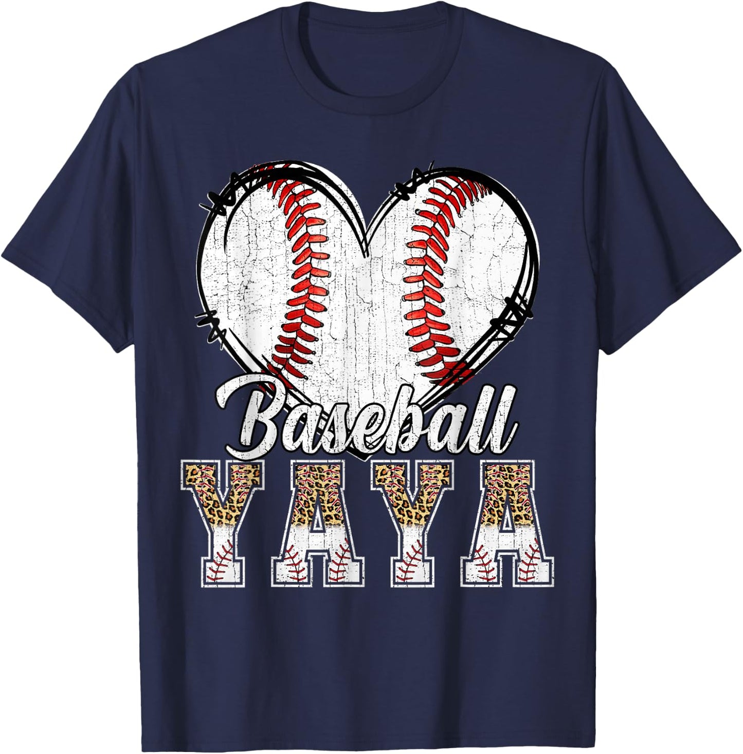Softball Baseball Yaya Heart Leopard Print Mother's Day T-Shirt - T-Shirt | Navy