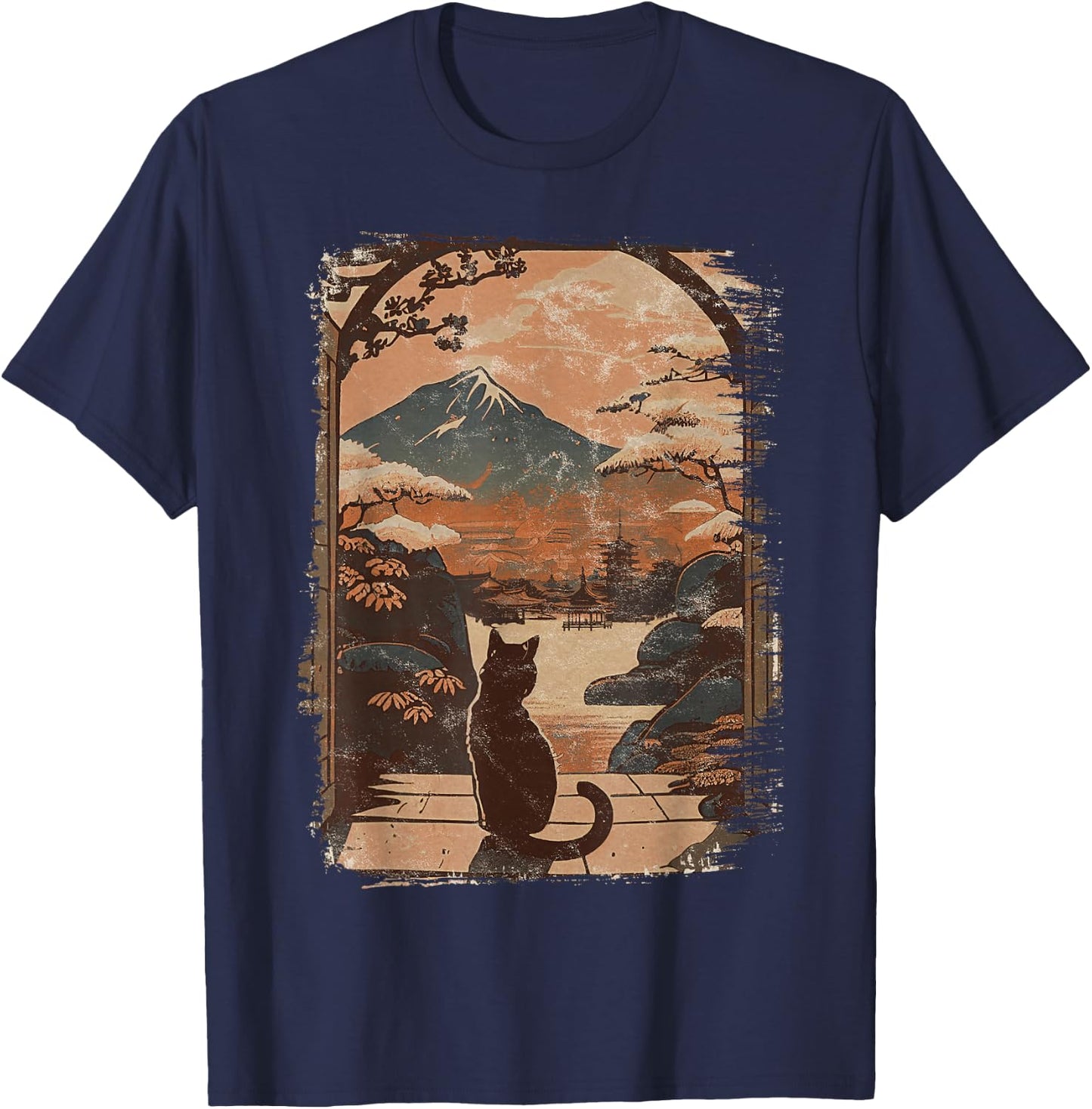 Japanese Cat with Landscape and Mountain T-Shirt - T-Shirt | Navy