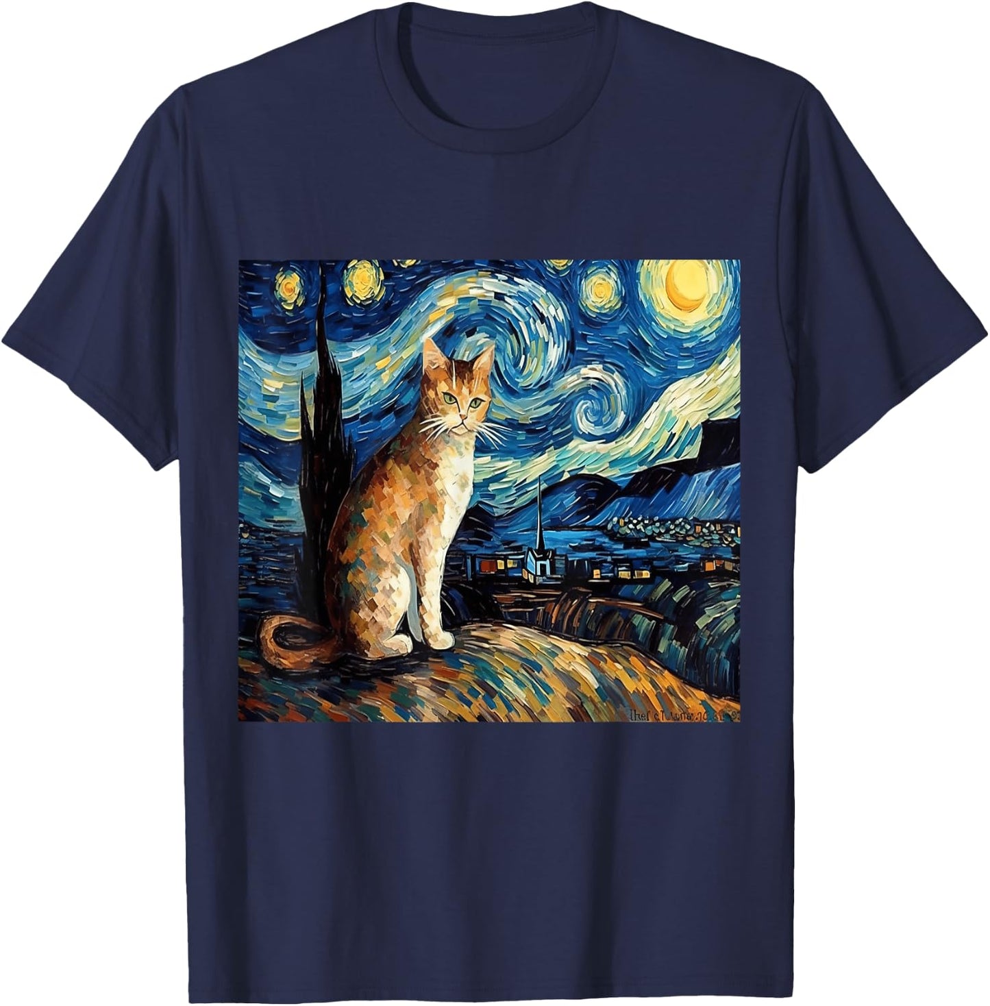 Calico Cat Starry Night Moon And Stars Art Women Kids T-Shirt - T-Shirt | Navy
