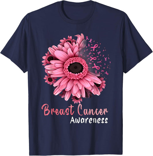Sunflower Breast Cancer Awareness Pink Ribbon In October T-Shirt - T-Shirt | Navy