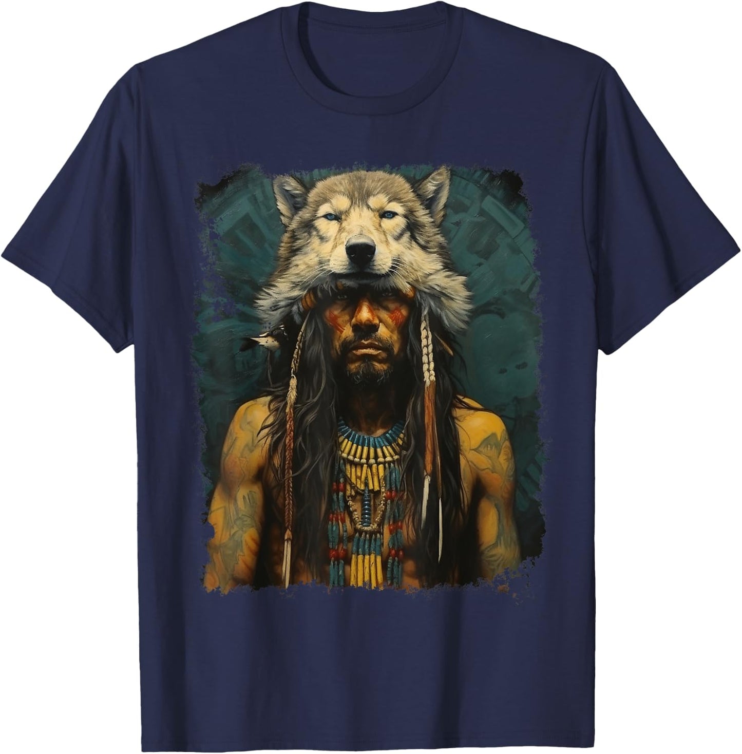 Wolf Native American Man T-Shirt - T-Shirt | Navy