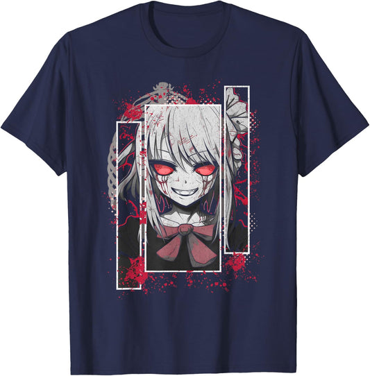 Horror Anime Yandere Menhera Demon Girl Japanese Aesthetic T-Shirt - T-Shirt | Navy
