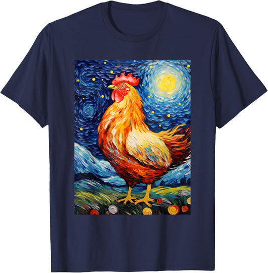 Chicken Starry Night Van Gogh Style Graphic T-Shirt - T-Shirt | Navy
