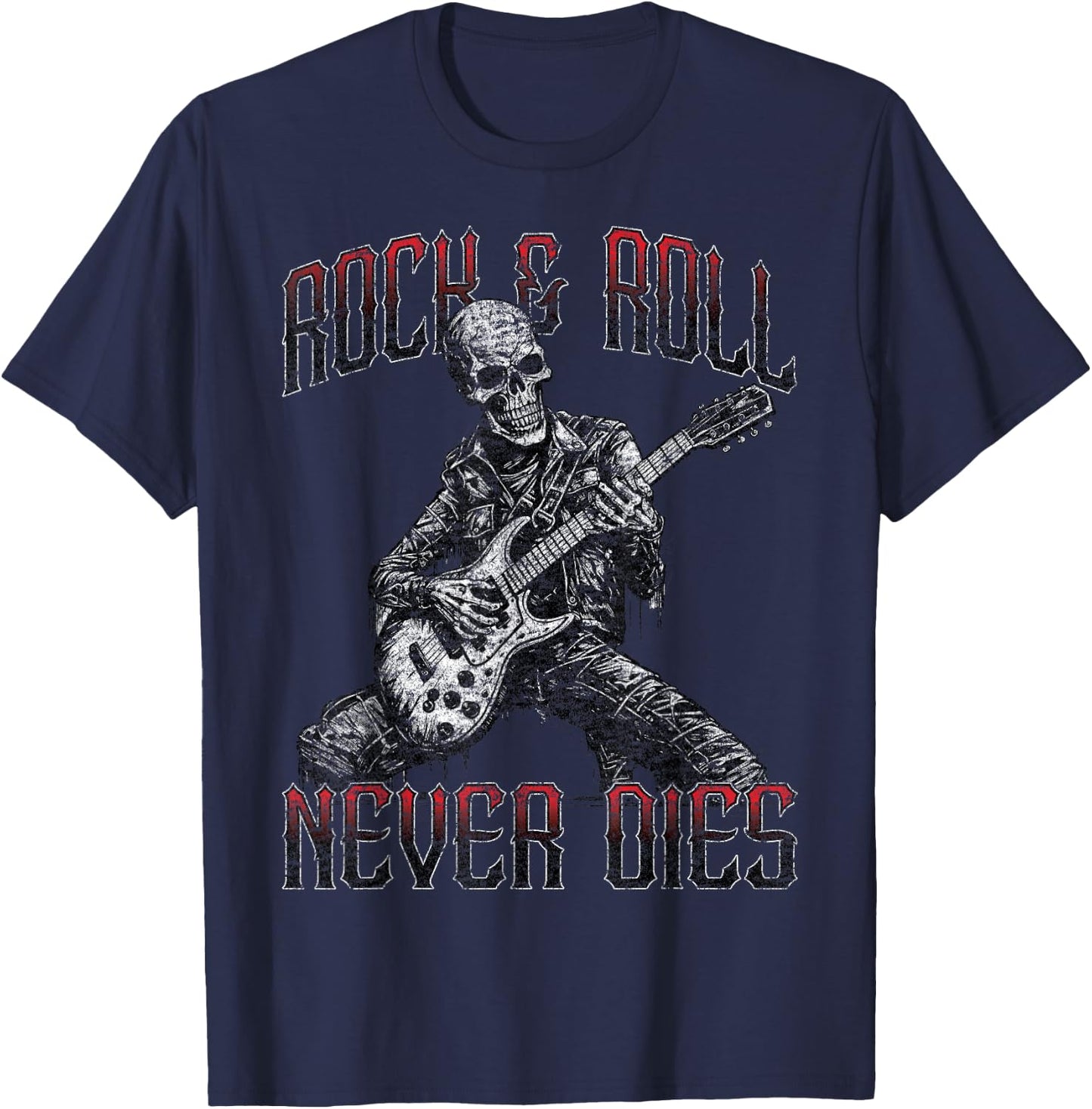 Rock and Roll Never Dies Skeleton Vintage ROCK Music T-Shirt - T-Shirt | Navy