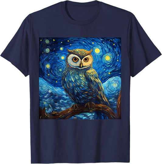 Surreal Starry Night Owl T-Shirt - T-Shirt | Navy