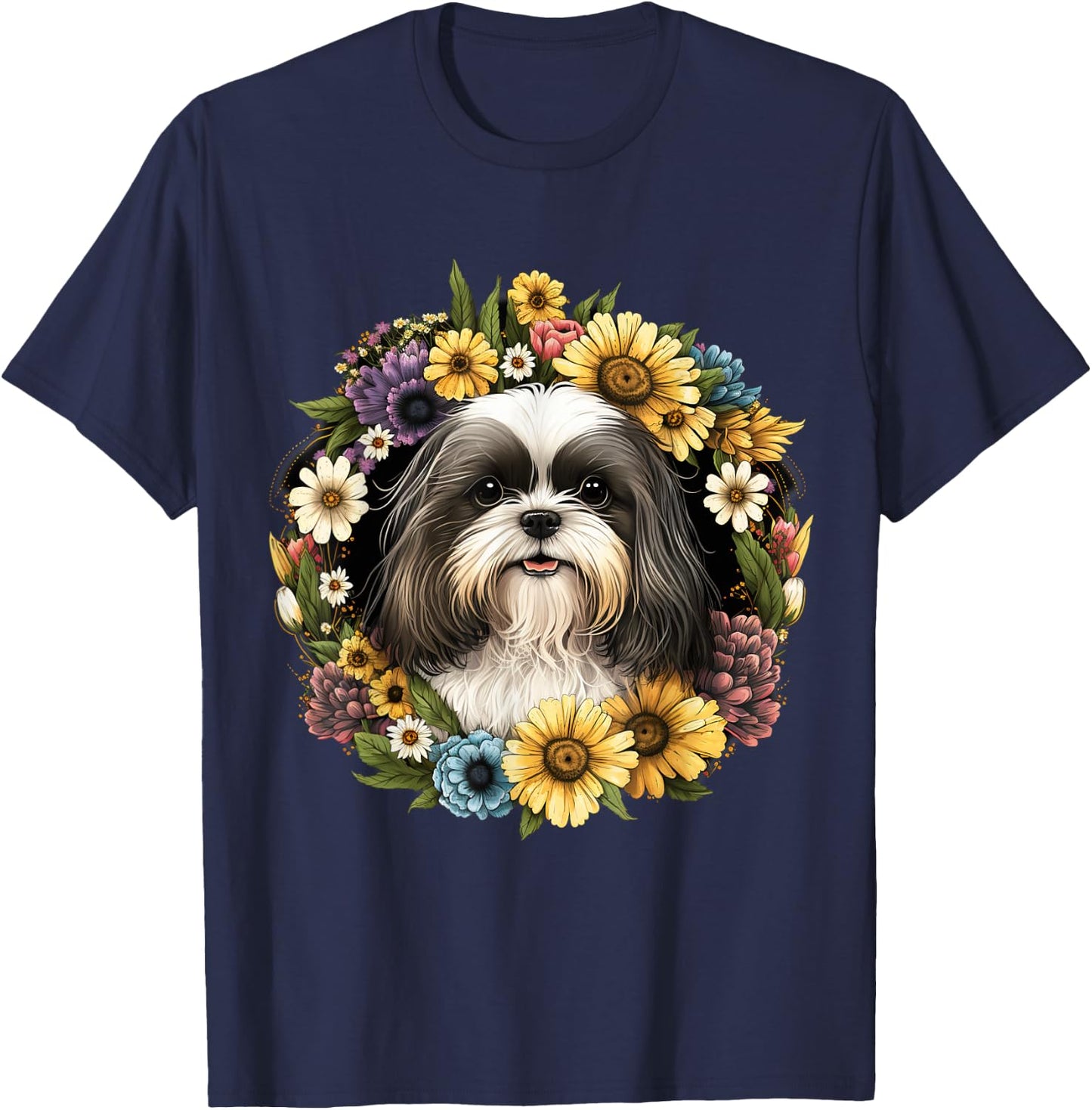 Sunflower Hippie Floral Shih Tzu Dog Men Women Kids T-Shirt - T-Shirt | Navy