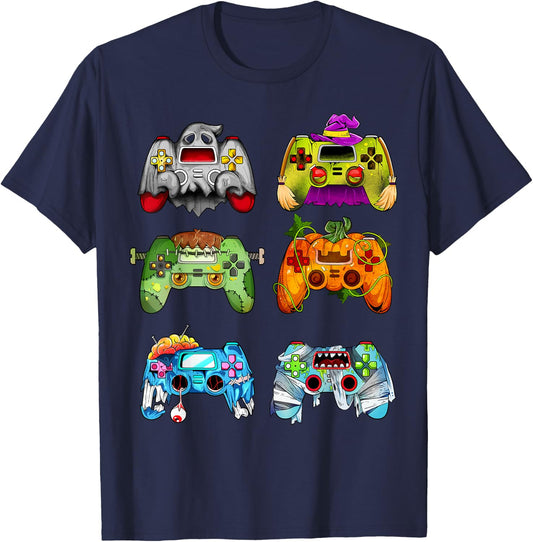 Halloween Pumpkin Witch Gaming Controllers Zombie Boys Kids T-Shirt - T-Shirt | Navy