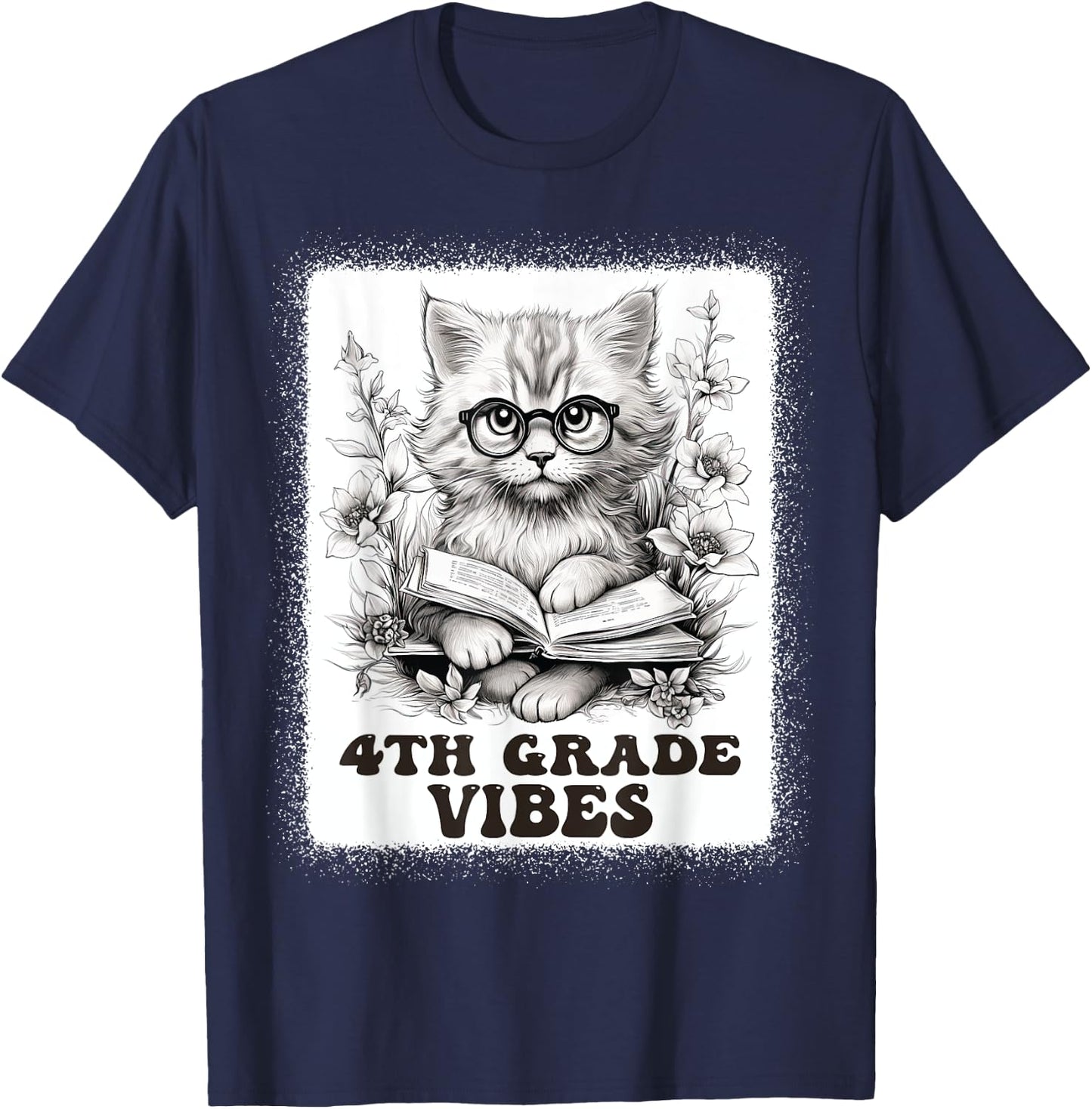 fourth Grade Vibes - 4th Grade Cat Reading 1st Day Of School T-Shirt - T-Shirt | Navy