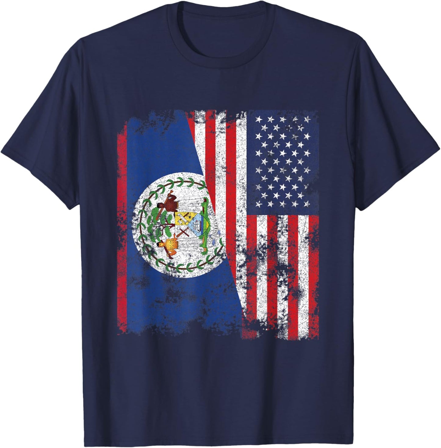 Belize USA Flag Distressed - Half American T-Shirt - T-Shirt | Navy
