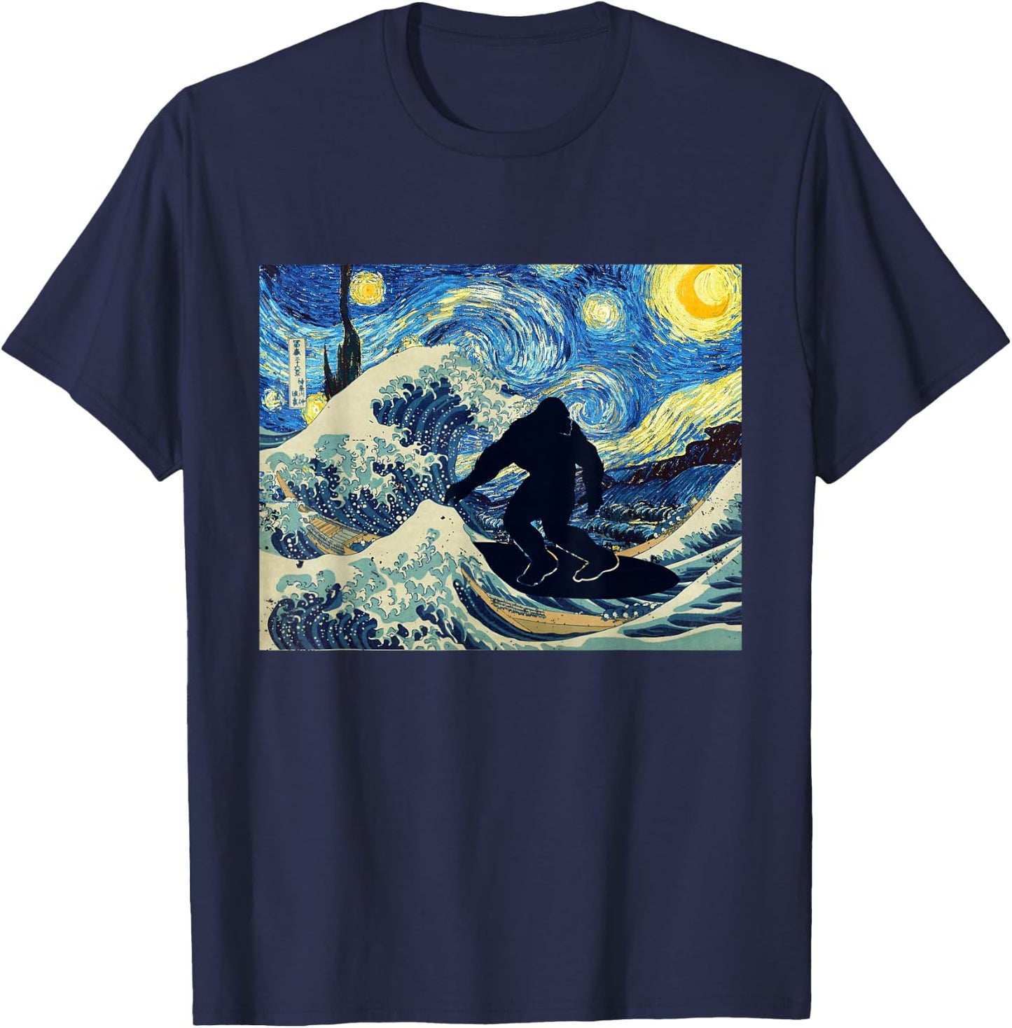 Starry Night Bigfoot Surfing Great Wave off Kanagawa T-Shirt - T-Shirt | Navy
