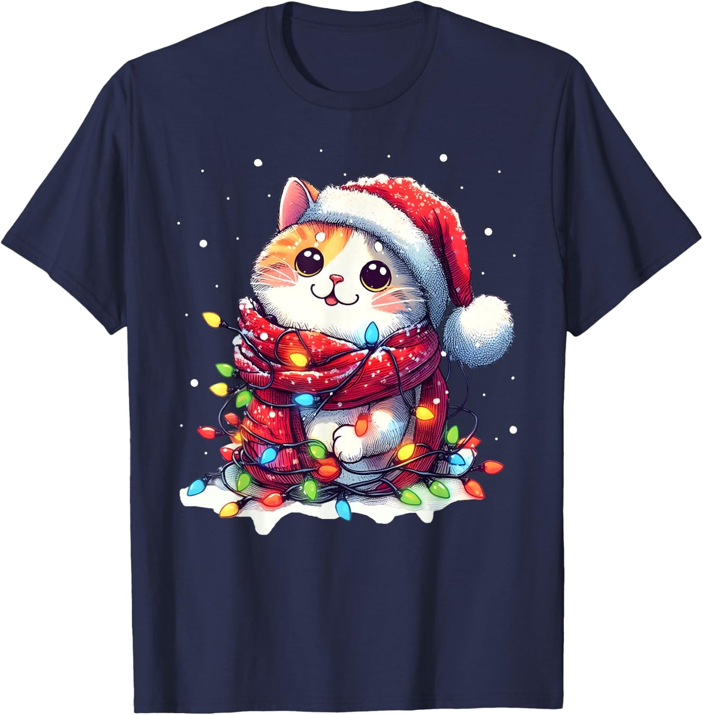 Funny Santa Cat Tangled Up in Christmas Lights Holiday Xmas Men Women Kids T-Shirt - T-Shirt | Navy