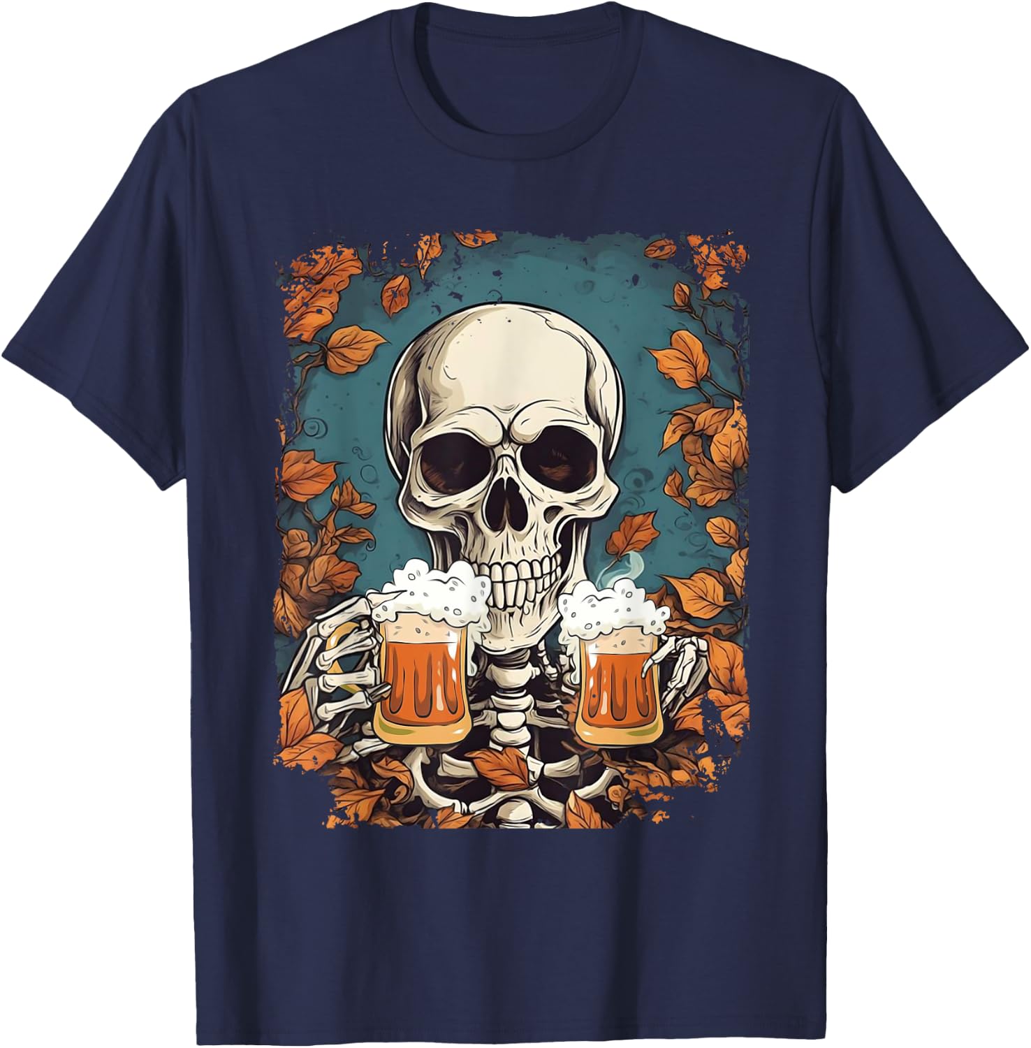 Skeleton Drinking Beer Retro Halloween Costume Beer Drink T-Shirt - T-Shirt | Navy