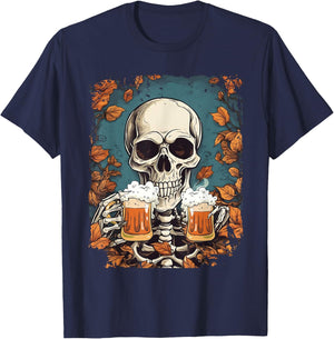 Skeleton Drinking Beer Retro Halloween Costume Beer Drink T-Shirt - T-Shirt | Navy
