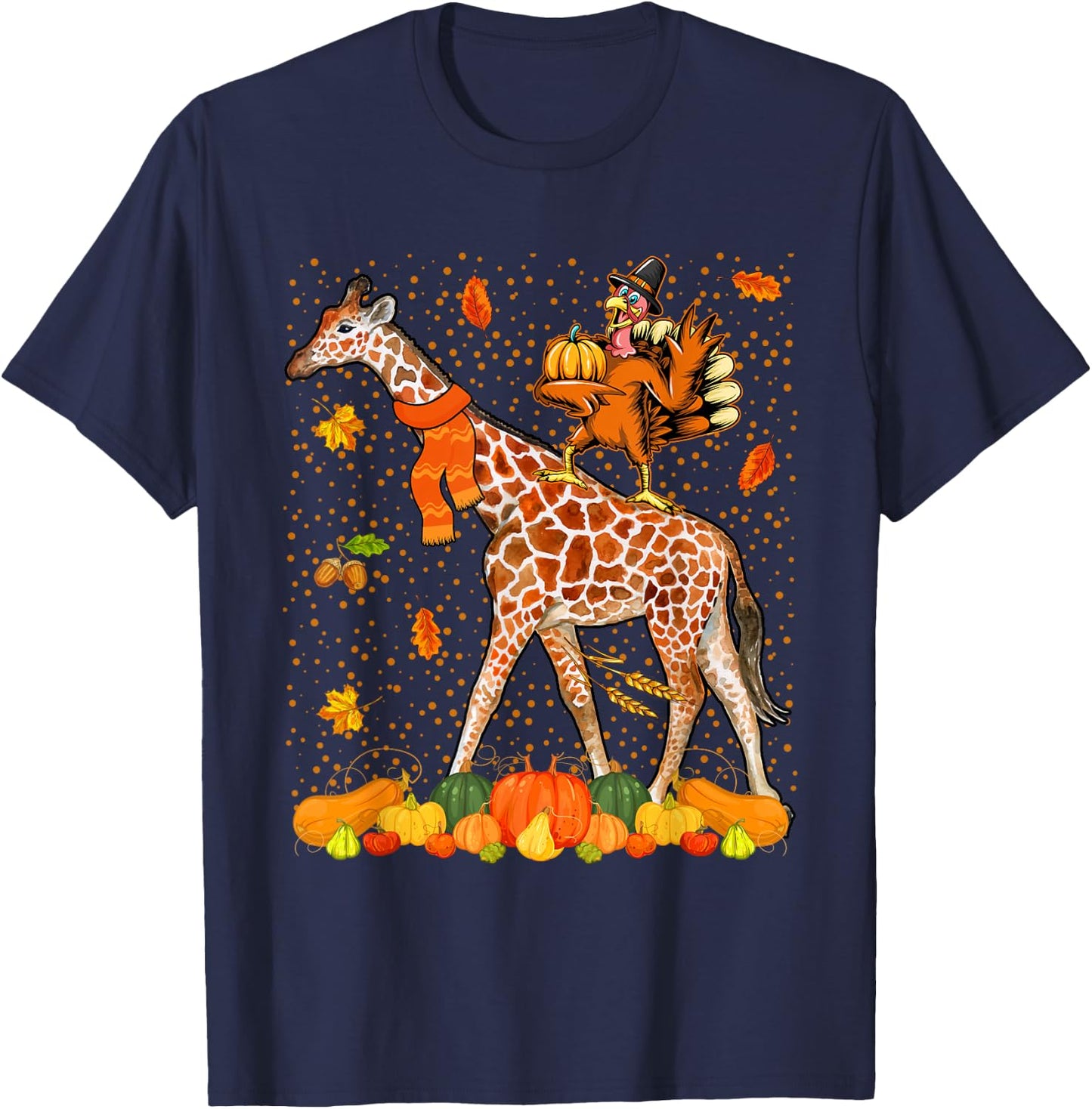 Wild Animal Thanksgiving Costume Thanksgiving Turkey Riding Giraffe With Fall Pumpkins -Adults Black Small Classic Fit Short Sleeve Cotton, Polyester Thanksgiving-themed T-Shirt - T-Shirt | Navy