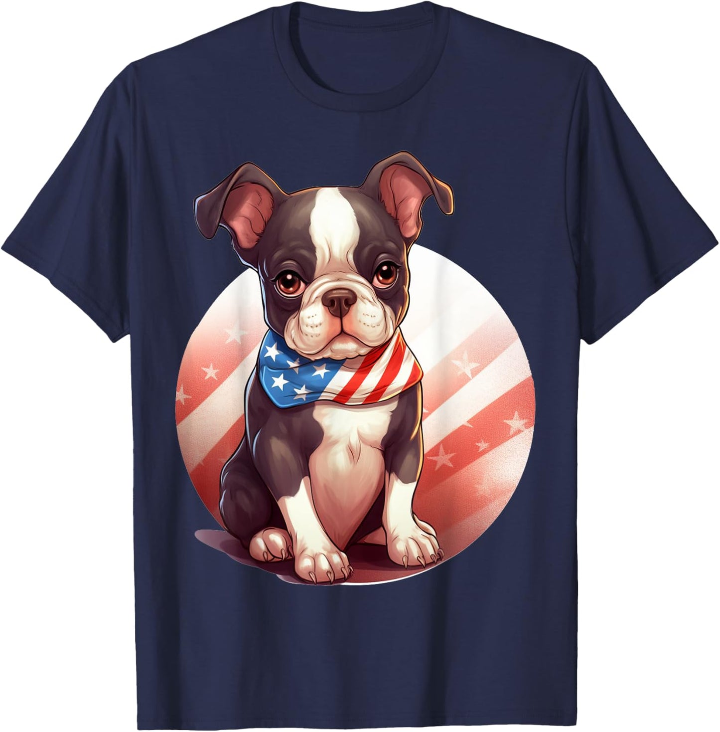 Brown Boston Terrier Puppy Dog American Flag 4th of July T-Shirt - T-Shirt | Navy