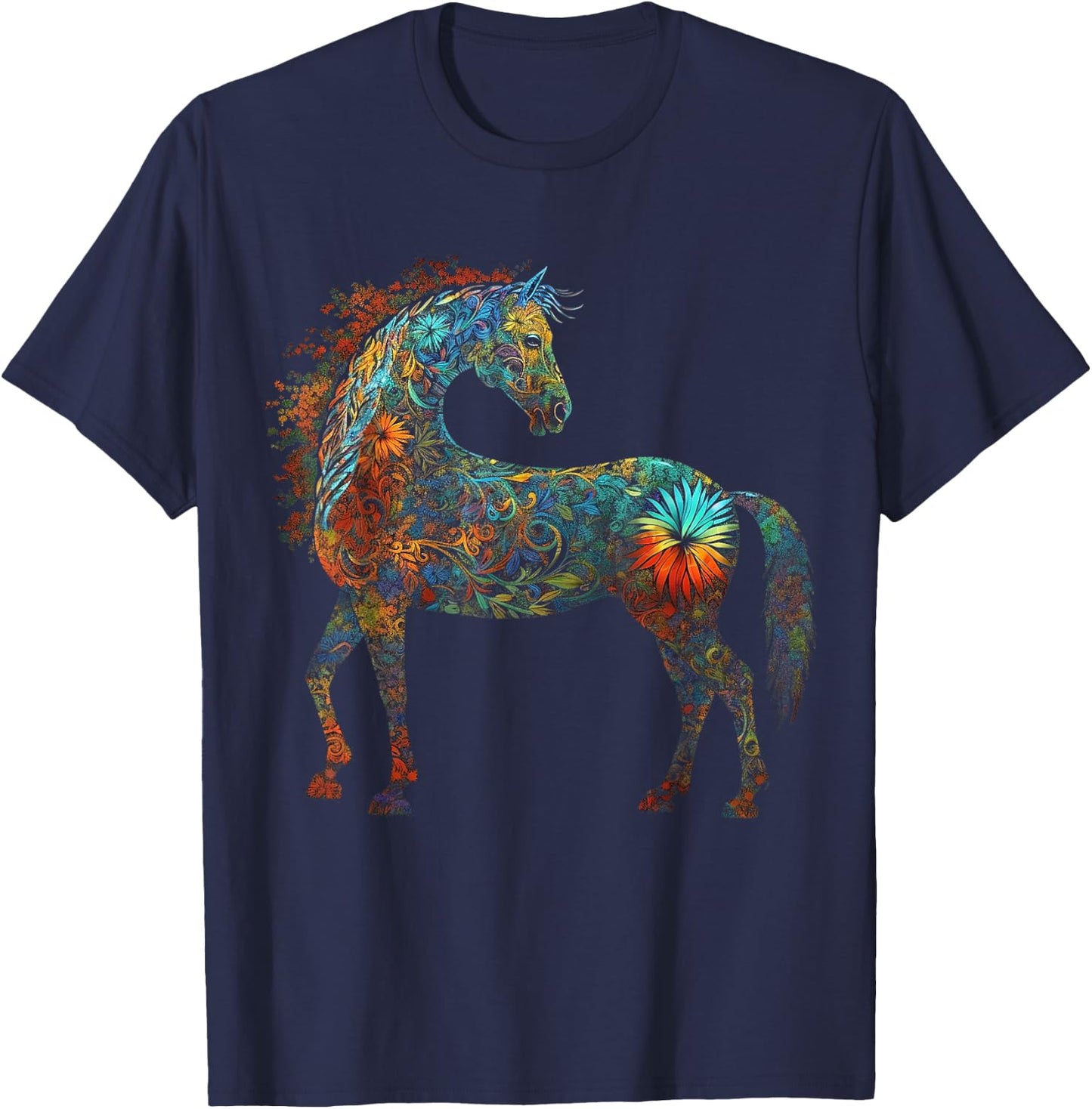 Horse Mandala Lover Artwork | Flowers Animal Motif Horse T-Shirt - T-Shirt | Navy