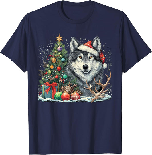 Cute Wolf With Christmas tree Wearing Santa Hat T-Shirt - T-Shirt | Navy
