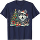 Cute Wolf With Christmas tree Wearing Santa Hat T-Shirt - T-Shirt | Navy