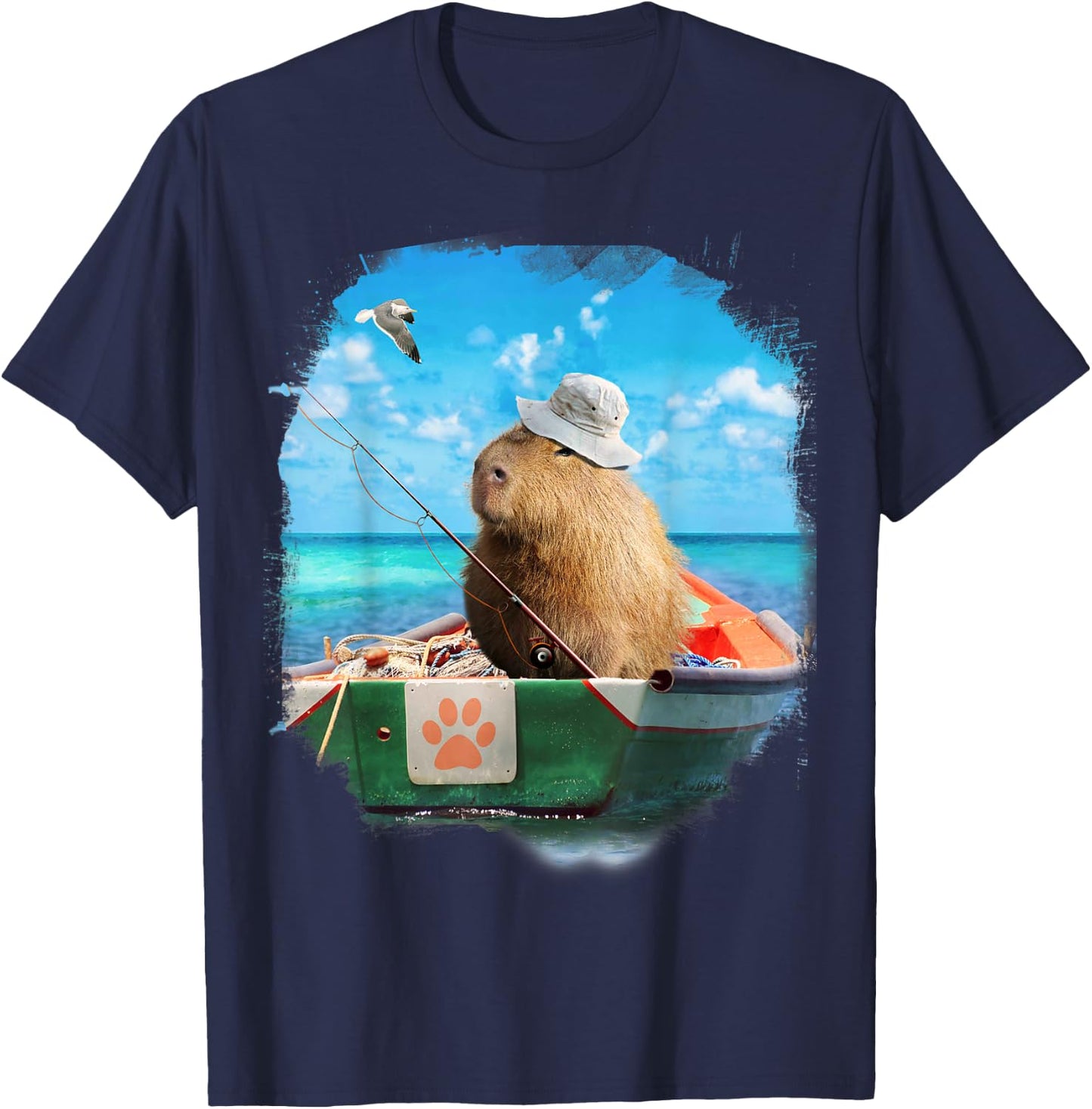 Capybara On Fishing Boat Funny T-Shirt - T-Shirt | Navy