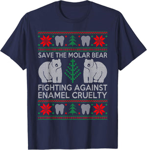 Funny Save The Molar Bear Dental Dentist Ugly Christmas T-Shirt - T-Shirt | Navy