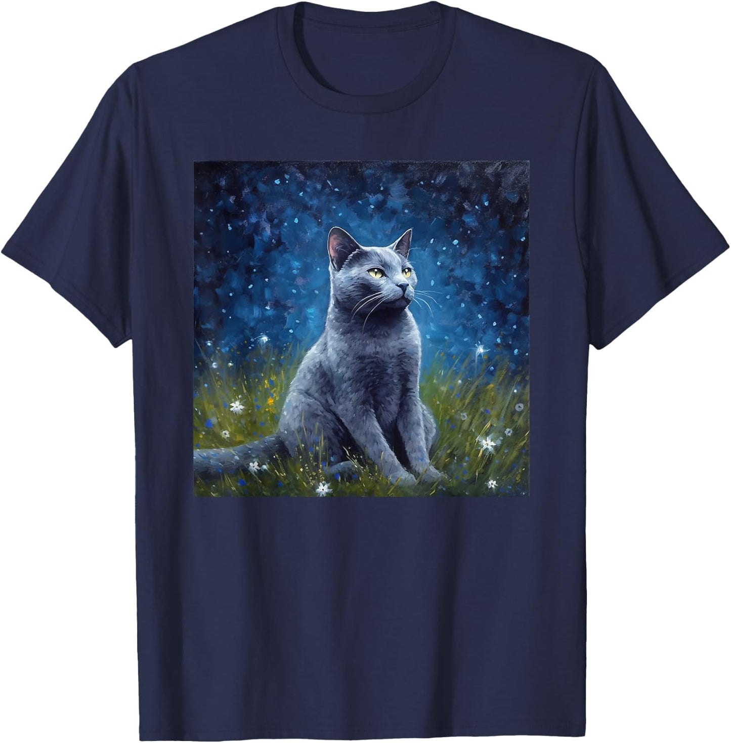 Cute Russian Blue Cat In A Starry Sky Night Painting T-Shirt - T-Shirt | Navy