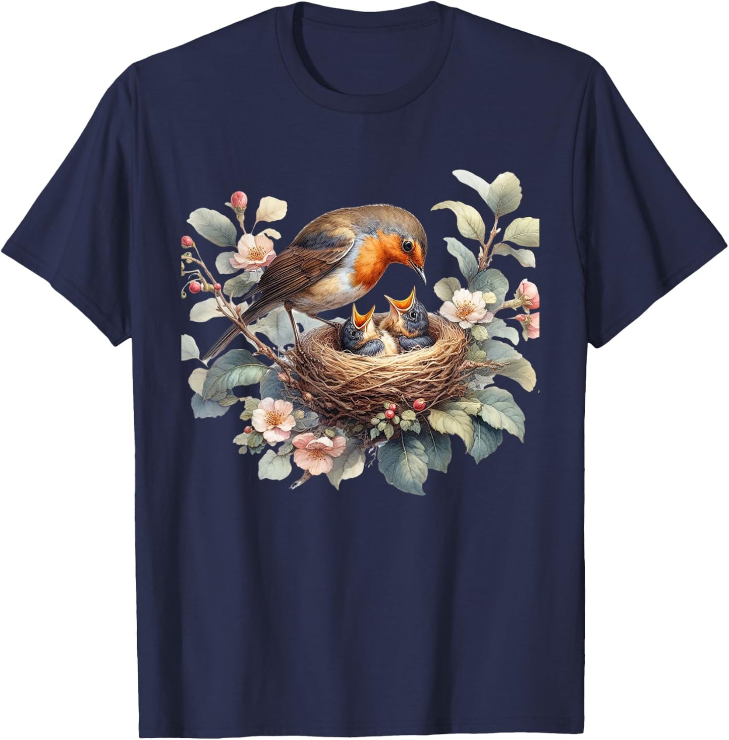 Mother Robin and Baby Robin Nestlings Ornithology T-Shirt - T-Shirt | Navy