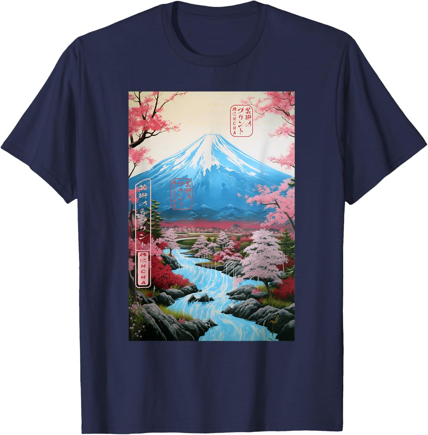 Ukiyo-e Cherry Blossom Mount Fuji Serenity Japanese T-Shirt - T-Shirt | Navy
