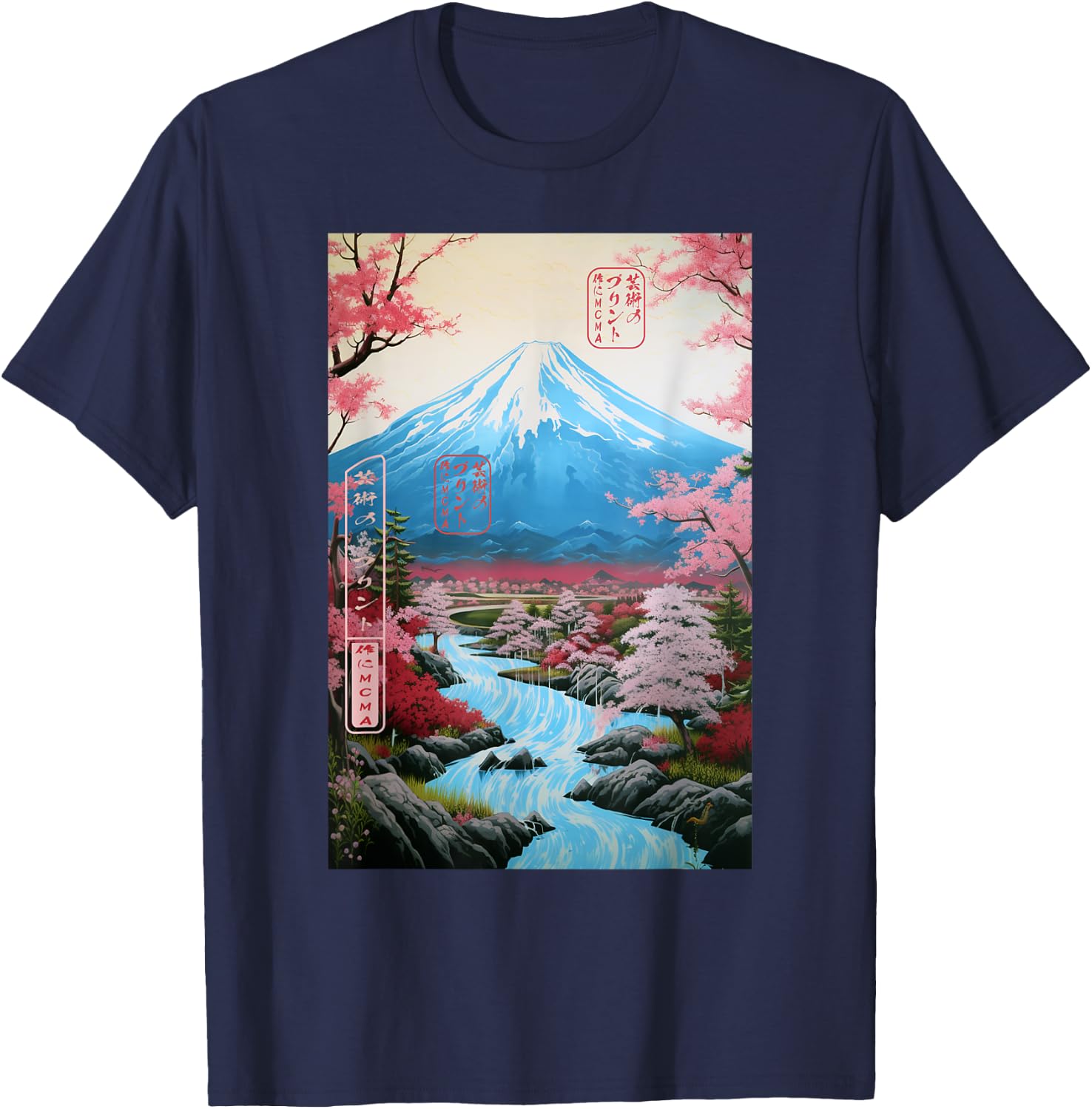 Ukiyo-e Cherry Blossom Mount Fuji Serenity Japanese T-Shirt - T-Shirt | Navy