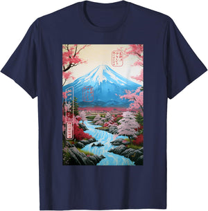 Ukiyo-e Cherry Blossom Mount Fuji Serenity Japanese T-Shirt - T-Shirt | Navy