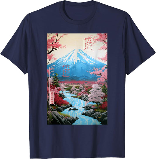 Ukiyo-e Cherry Blossom Mount Fuji Serenity Japanese T-Shirt - T-Shirt | Navy