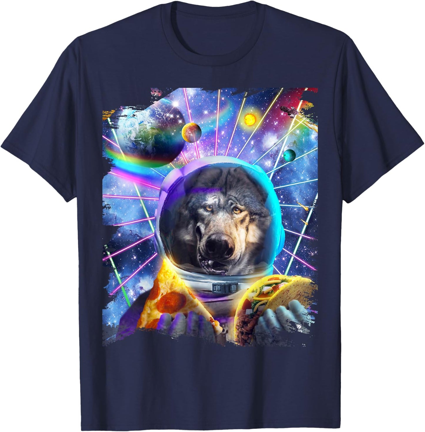 Wolf Astronaut In Space Eating Pizza Taco T-Shirt - T-Shirt | Navy