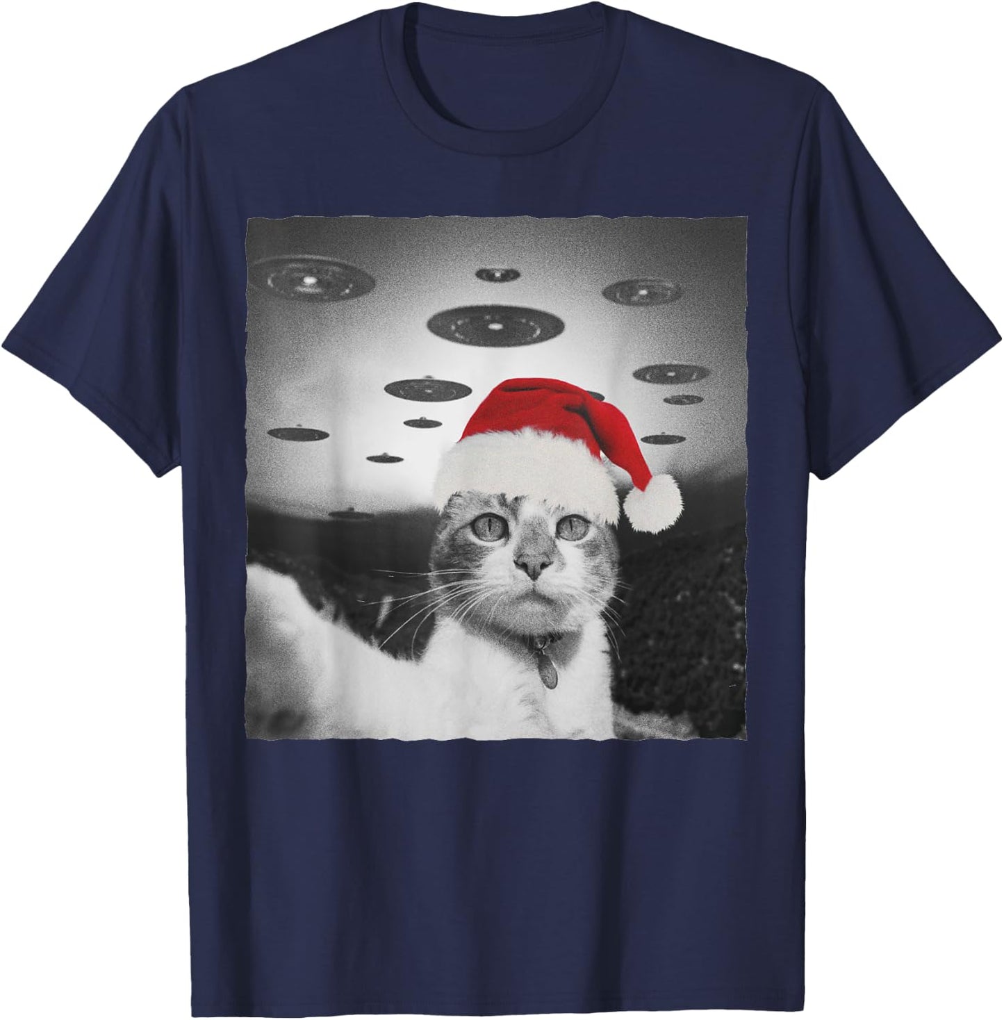 Funny Christmas Cat wear Santa Hat selfie with Alien UFO Men Women Kids T-Shirt - T-Shirt | Navy