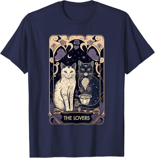 Cute Cat The Lovers Tarot Card Cat Tarot Card Graphic T-Shirt - T-Shirt | Navy