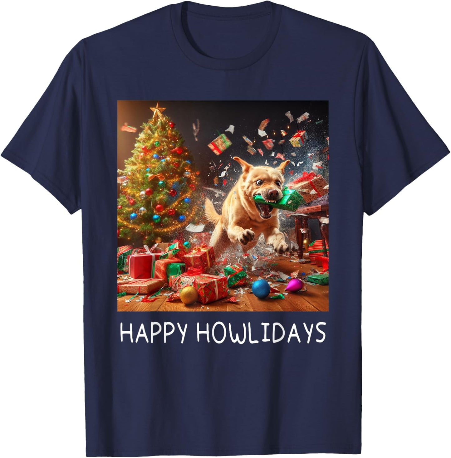 Funny Crazy Chaotic Dog Under The Tree Cute Happy Howlidays T-Shirt - T-Shirt | Navy