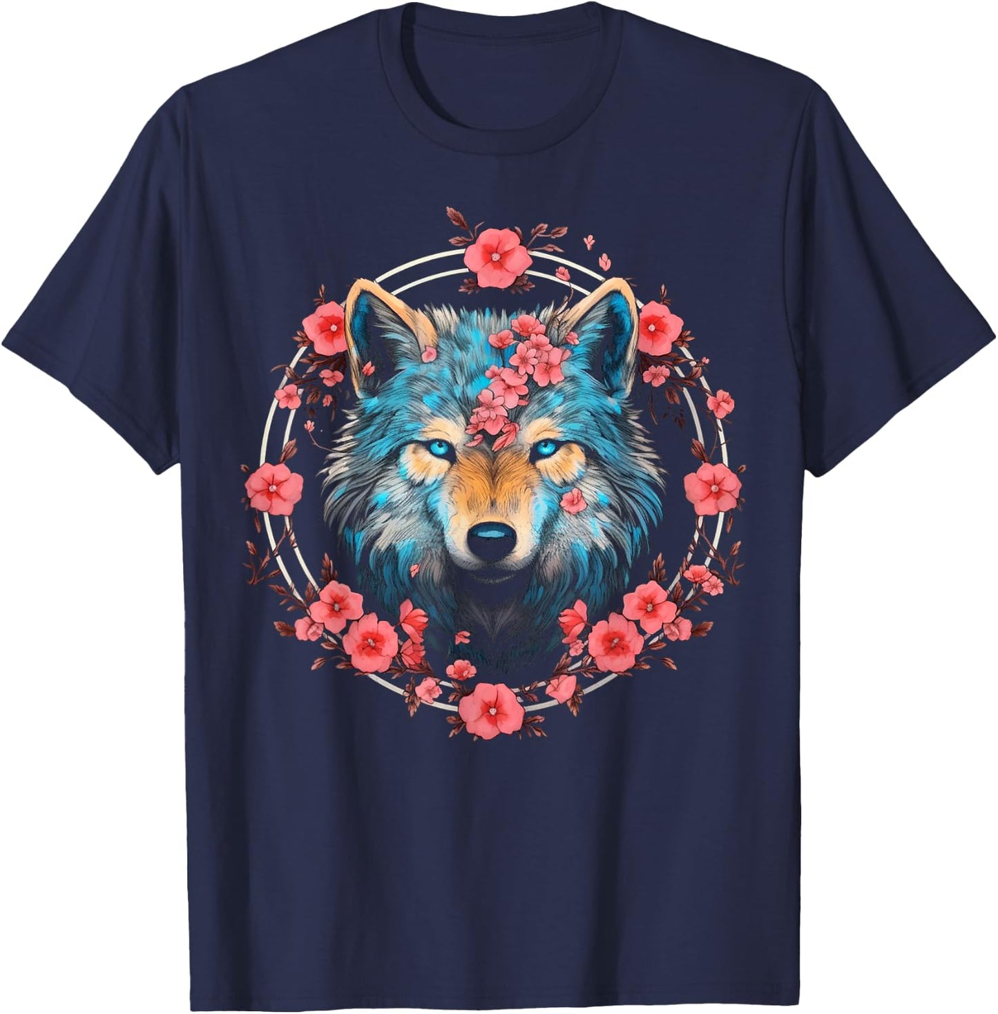 Wolf Blue Eyes Artwork | Cherry Blossoms Wolf T-Shirt - T-Shirt | Navy
