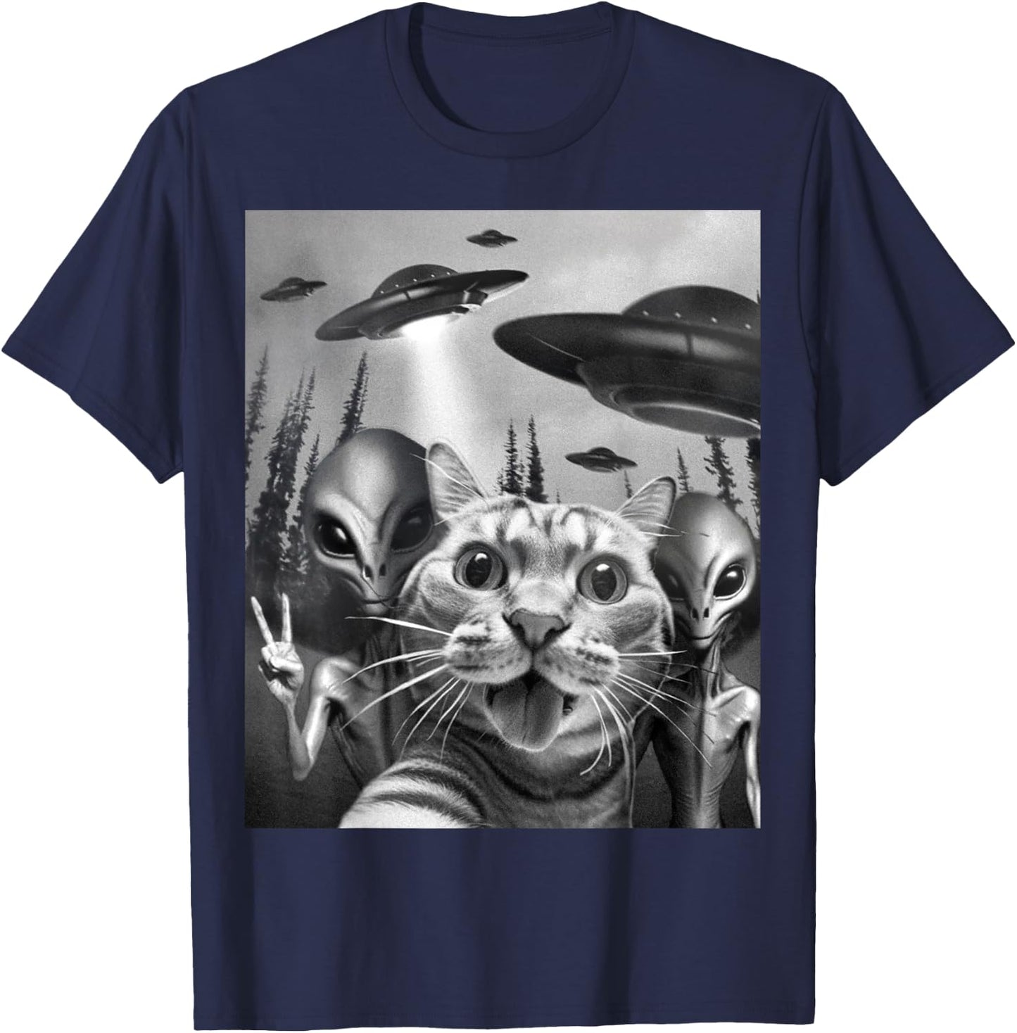 Funny Cat Selfie with UFOs Peace Sign Alien Cat UFO Invasion T-Shirt - T-Shirt | Navy