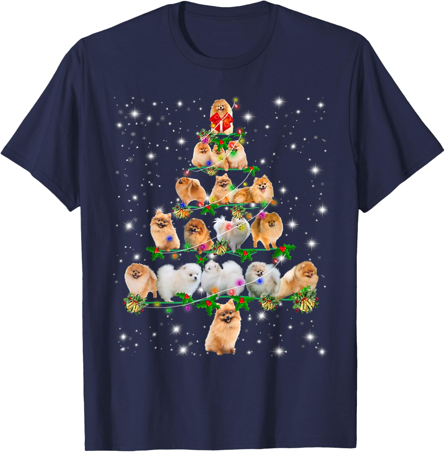 Pomeranian Christmas Tree Lights Funny Lover Dog Pajamas Women Kids T-Shirt - T-Shirt | Navy