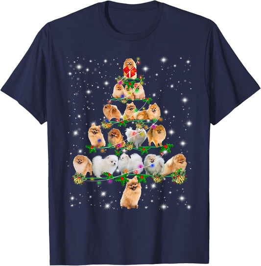 Pomeranian Christmas Tree Lights Funny Lover Dog Pajamas Women Kids T-Shirt - T-Shirt | Navy