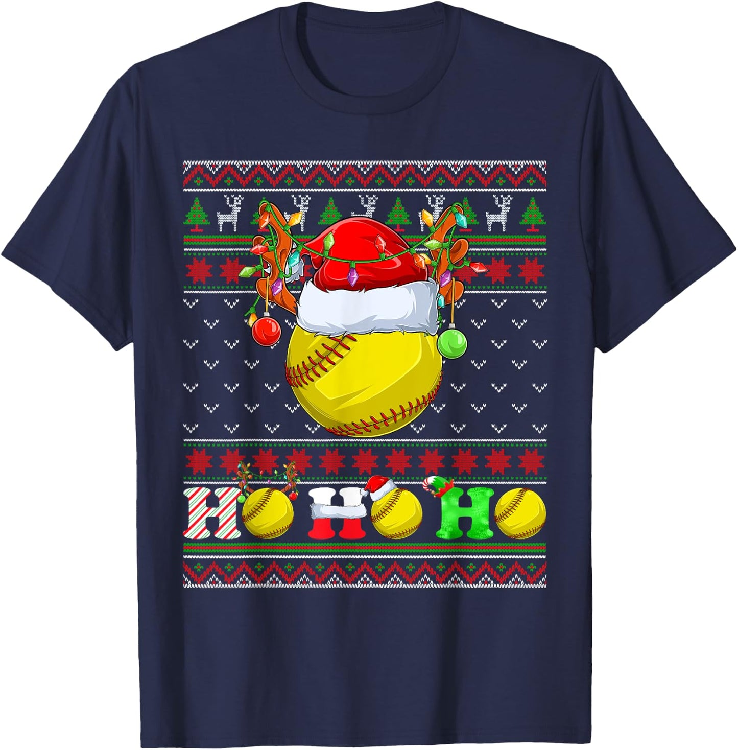 Funny Softball Ball Xmas Tree Lights Ugly Christmas Sweater T-Shirt - T-Shirt | Navy