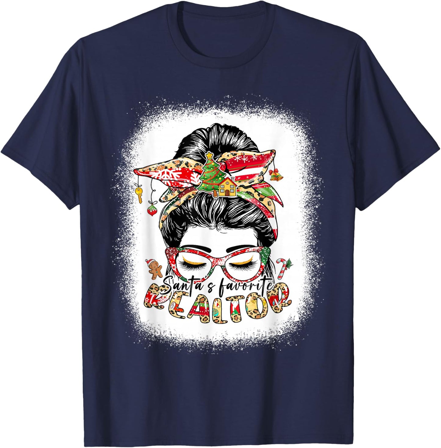 Santa's Favorite Realtor Messy Bun Funny Christmas T-Shirt - T-Shirt | Navy