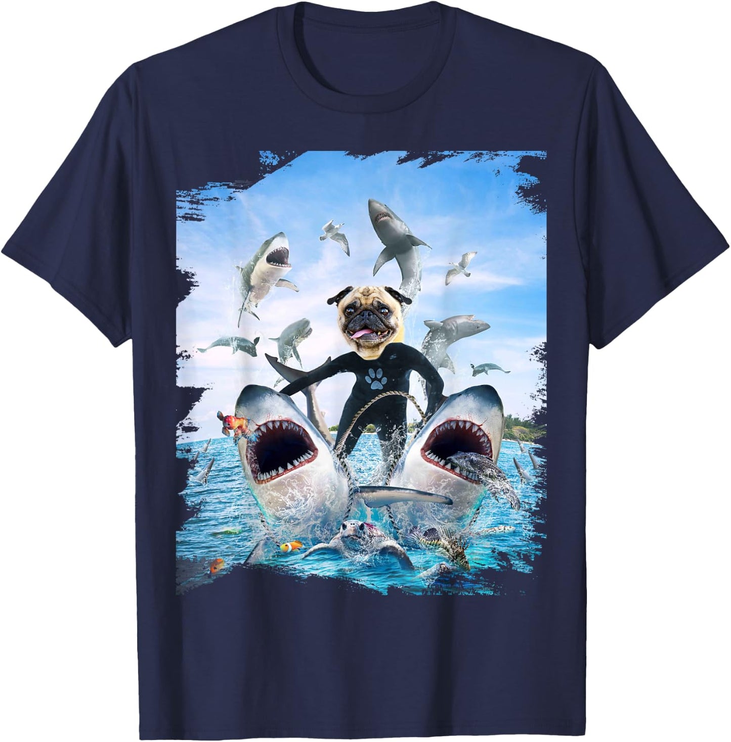 Dog Pug Riding Shark Sharks At Beach Ocean Funny Men Women Kids T-Shirt - T-Shirt | Navy