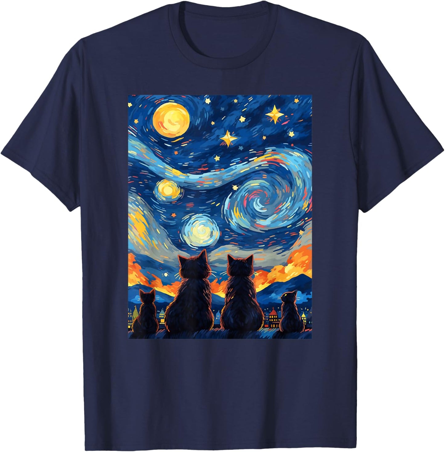 black cats Painting art Starry Night kitty kitten Van Gogh T-Shirt - T-Shirt | Navy