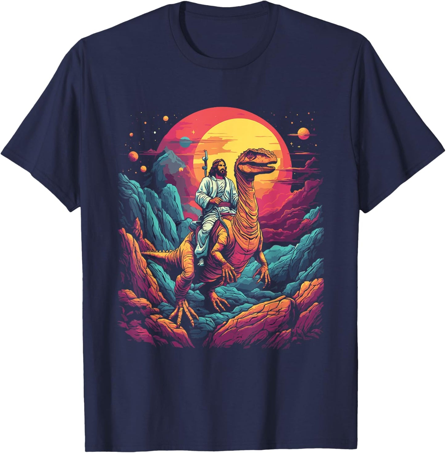 Jesus Riding in Space T-Rex Dinosaur Meme Sci-Fi Believers T-Shirt - T-Shirt | Navy