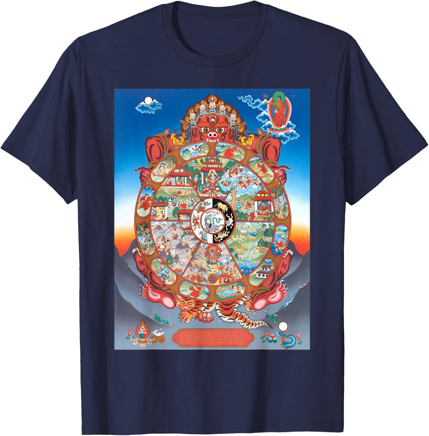 Tibetan Thangka, Samsara, Mandala, Wheel of Life, Buddhist T-Shirt - T-Shirt | Navy
