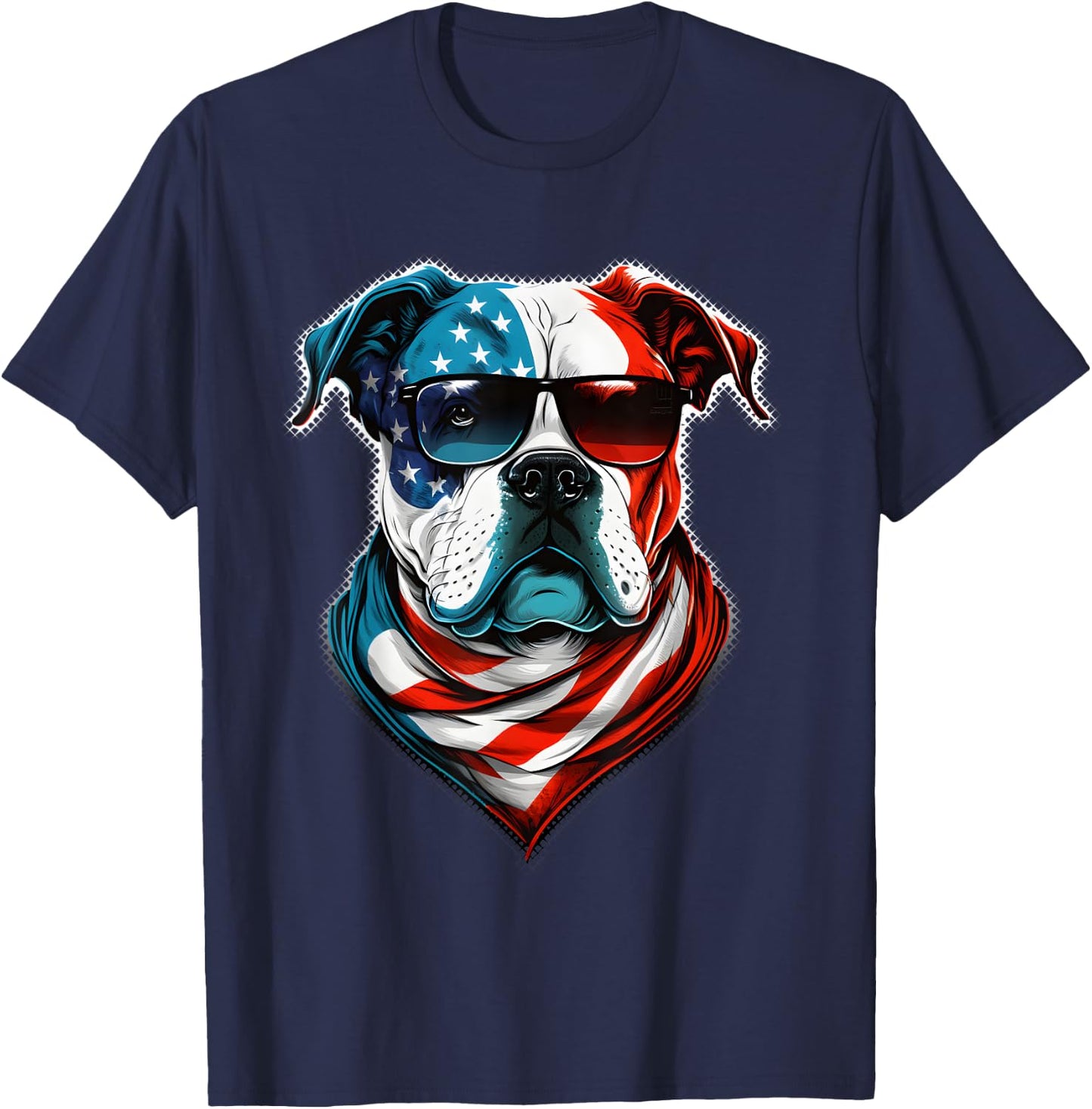American Bulldog Dog Red White Blue American Flag Sunglasses T-Shirt - T-Shirt | Navy