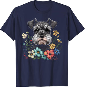 Miniature Mini Schnauzer Floral Garden Dog Art with Flowers T-Shirt - T-Shirt | Navy