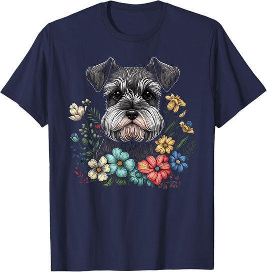 Miniature Mini Schnauzer Floral Garden Dog Art with Flowers T-Shirt - T-Shirt | Navy
