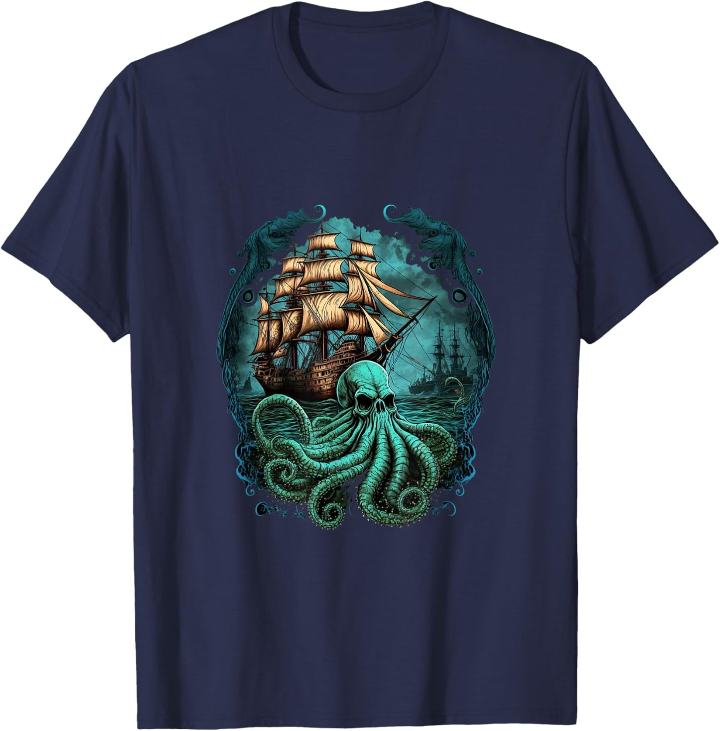 Octopus Kraken Pirate Ship Sailing T-Shirt - T-Shirt | Navy